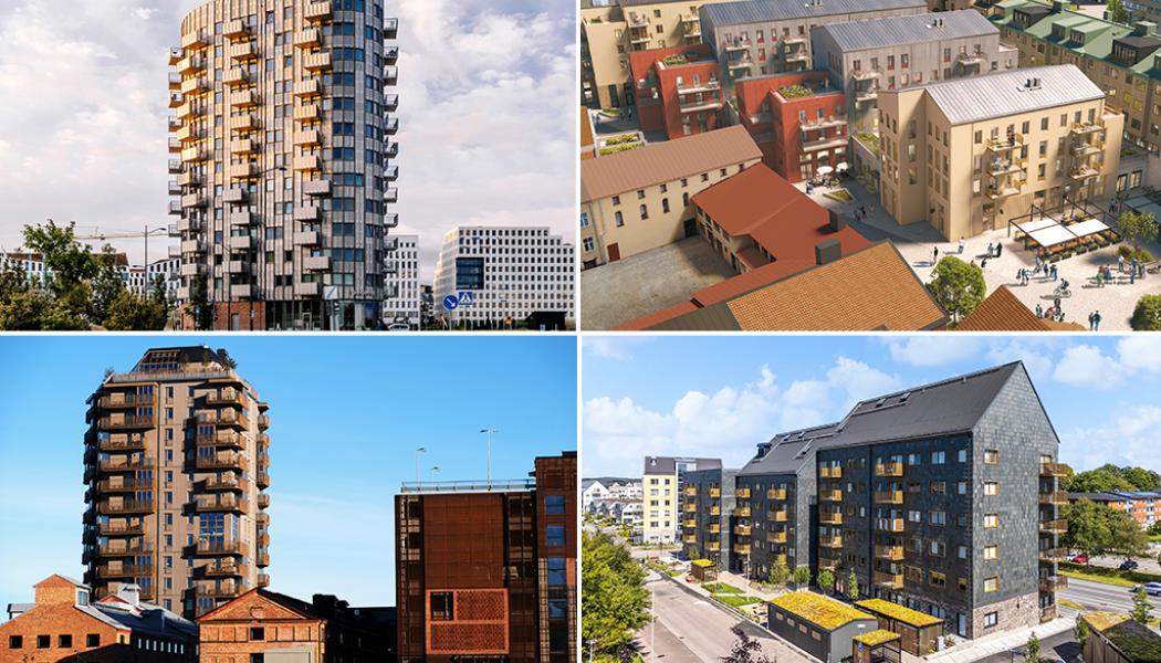 Finalister till Allmännyttans bästa bygge 2026 (överst från vänster): Kvarteret Omställningen (Framtiden Byggutveckling/Poseidon), kvarteret Hållstugan (Örebrobostäder), Godisfabriken (Gavlegårdarna) och kvarteret Droppen (Granitor).
Fotocollage: Helene Ahlberg