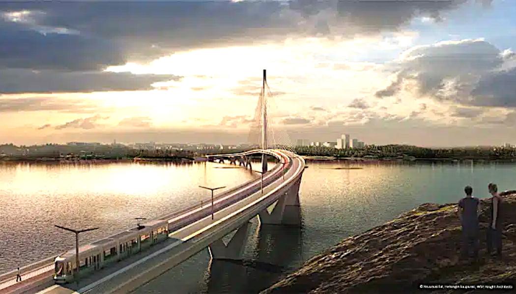 Kronbergsbron blir en betongdäckad samverkansbro i form av en snedkabelbro kombinerad med balkbro. Den totala längden kommer att vara cirka 1 200 meter, vilket gör den till en av de längsta broarna i sitt slag i Finland. Illustration: WSP Helsinki/Knight Architects 