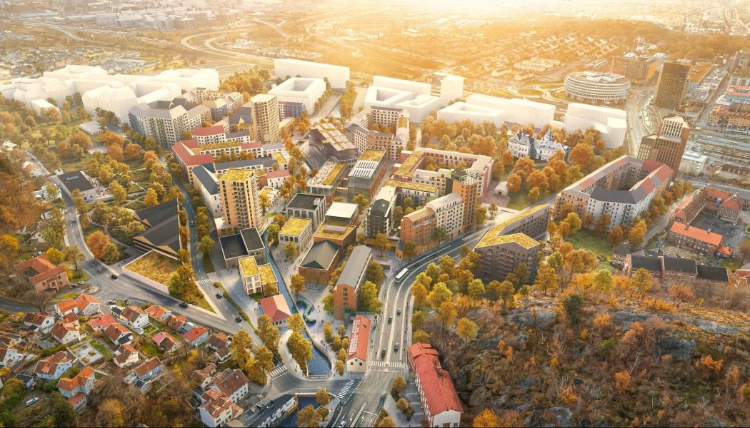 Översiktsbild Forsåker. Visualisering Mölndala Fastighets AB