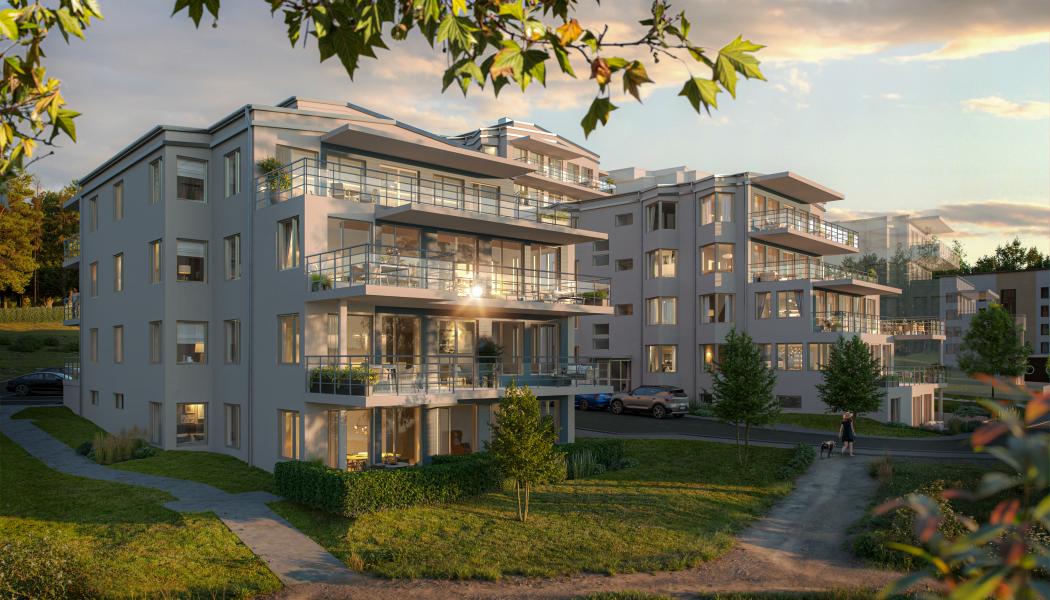 Visualisering av brf Fyrbåken med terrasser mot Mälaren.  Pressbild: HSB Regionalt