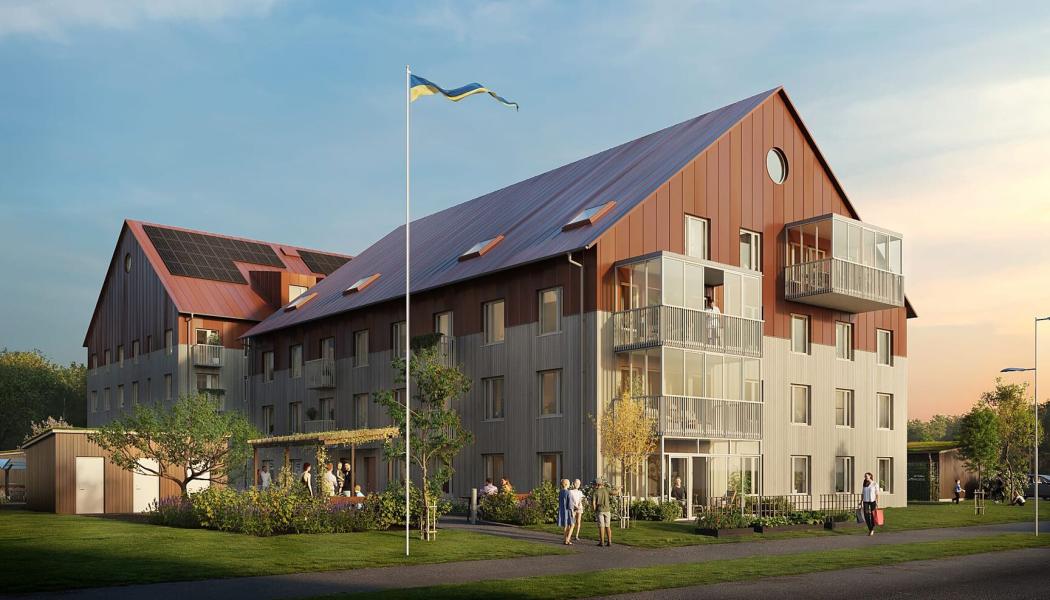 Brf Sommarskogen husfasad. Pressbild: Riksbyggen