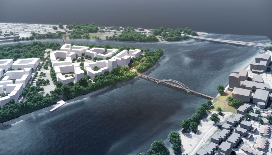 Bilden visar en illustration av hur gång- och cykelbroarna planeras att placeras. Broarna sammanlänkar Norra Ön med Teg och konstnärligt Campus. Illustration: White arkitekter