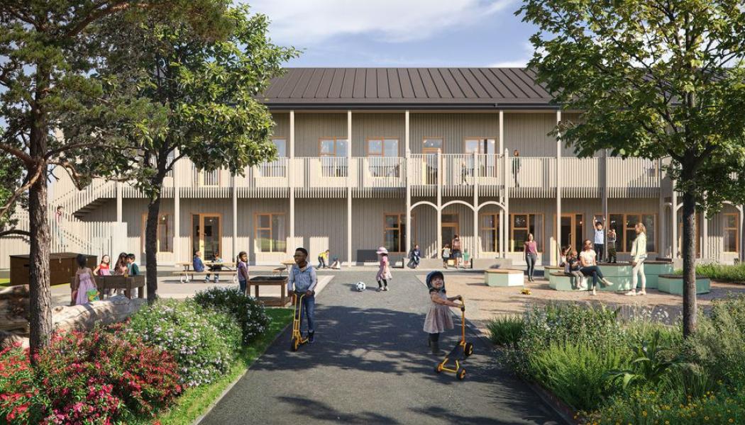Gåvsta förskola byggs under cirka 1,5 år, med planerad inflyttning sommaren 2028 (illustration: Semrén & Månsson). Pressbild:  Uppsala kommun skol- och omsorgsfastigheter AB