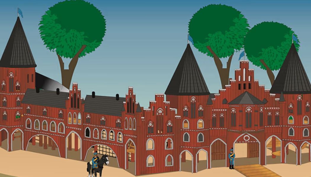 Lekplatsen får specialbyggda attraktioner som följer temat Kvibergs kaserners slottsliknande byggnad. Den ska locka till lek och aktivitet i åldrarna upp till 15 år. Illustration: Cado
