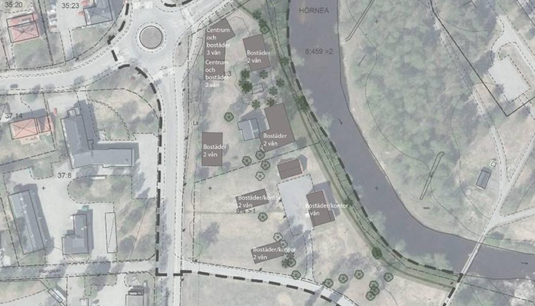 Såhär kan området mellan Hörneån och Industrivägen komma att bebyggas. Pressbild: Umeå kommun