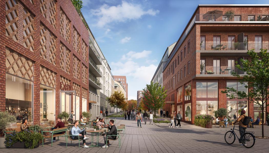 Mittstråket, med Väsby centrum i ryggen och i riktning mot Vilundaområdet. Här, bland hundratals bostäder, skapas ett bilfritt mittstråk för fotgängare med livfull karaktär och variation av grönska med stora träd.

Visionsbild: Arkitekt Equator, visualisering av Walk the Room