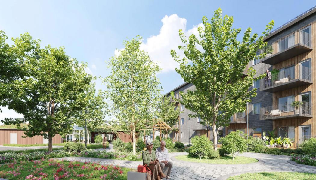 Illustration av innergård, SilviaBo Skrabelycke i Mariastaden, Helsingborg. Foto: Boklok