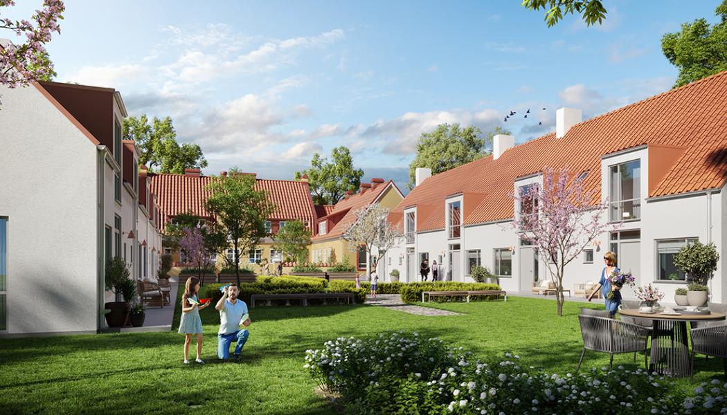 Visionsbild från GBJ Bygg. De nya husen ska se ut ungefär som det gamla, så att hela området får en enhetlig stil.  Pressbild: Kävlinge kommun
