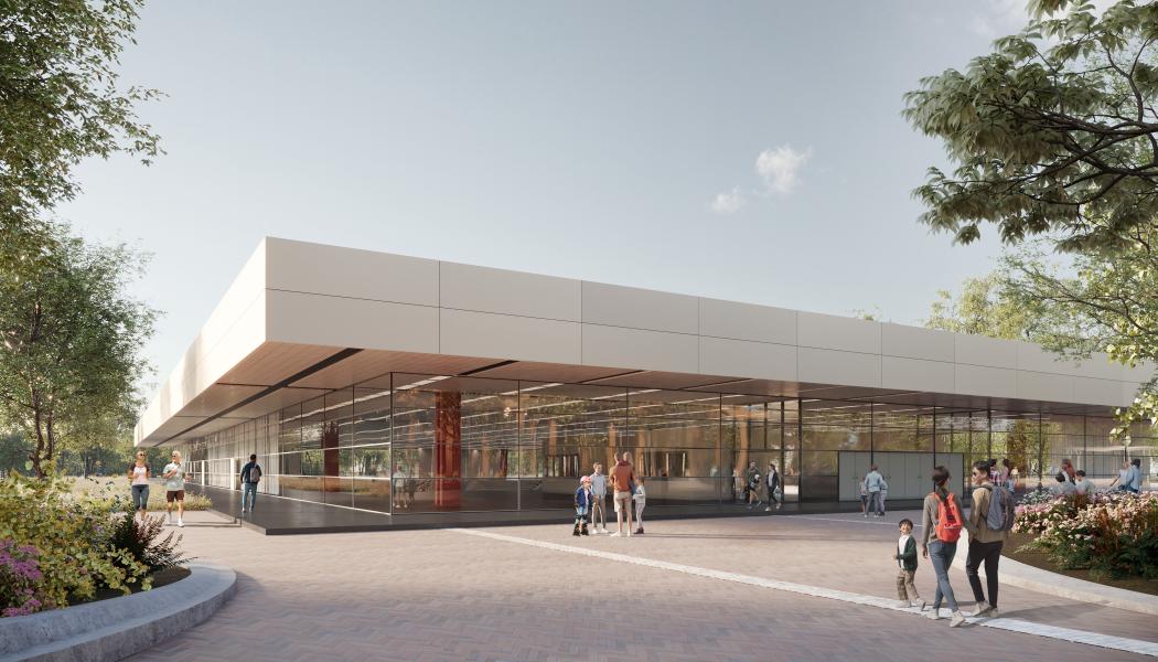 Landskrona idrottshall, ritad av Arne Jacobsen, ska rustas upp samtidigt som de arkitektoniska kvaliteterna ska behållas. Visionsbild: Krook och Tjäder
