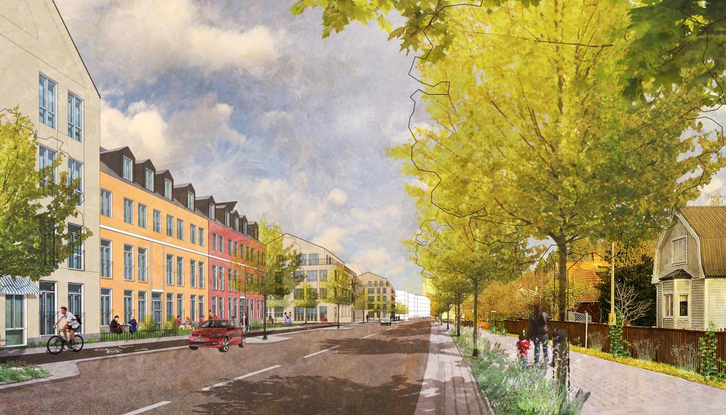Visionsbild av hur det skulle kunna se ut längs Optimusvägen, i riktning mot Centralvägen.

Visionsbild: KOD Arkitekter