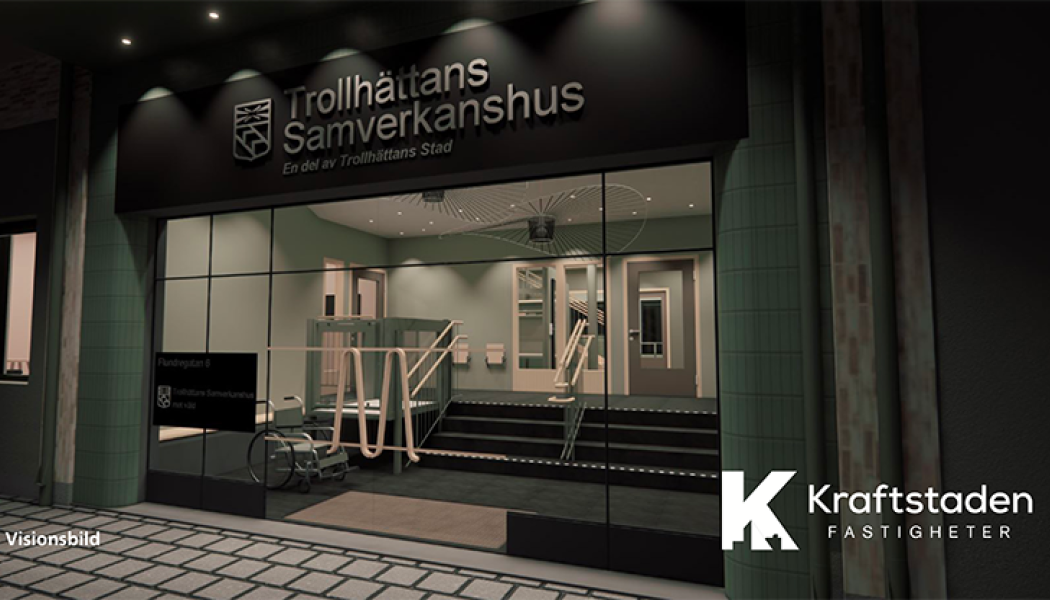 Visionsbild på fastighet med entré. Pressbild: Trollhättans stad - Kraftstaden Fastigheter