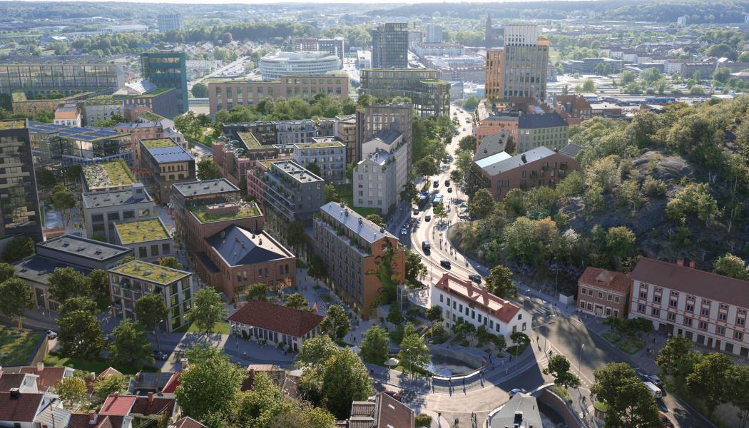 Visionsbild Mölndala Fastighets AB/TMRW: Forsåkers norra del med bruksbyggnaderna, forsen och Kvarnbygatan som omvandlats till ett stadsstråk.