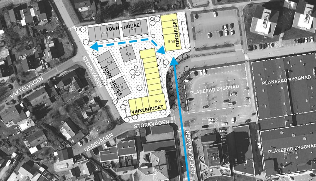 Förslag på ny situationsplan över Lödde centrum Väster som fått positivt planbesked av Kävlinge kommun. Illustration: JM