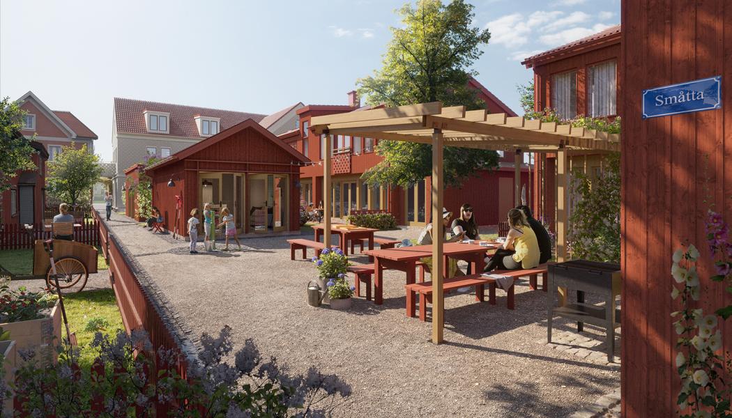 LINK Arkitektur, i samarbete med Projektlaget, vinner i markanvisningstävling om de Röda husen i Lidköping. Bild: Visulent