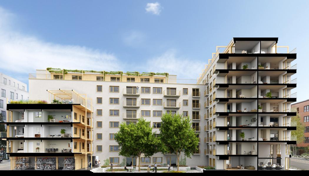 Det tilltänkta trähuset står som en infattad ädelsten mitt i kvarteret och blir det sociala navet för kvartersgemenskapen. Foto: FOJAB