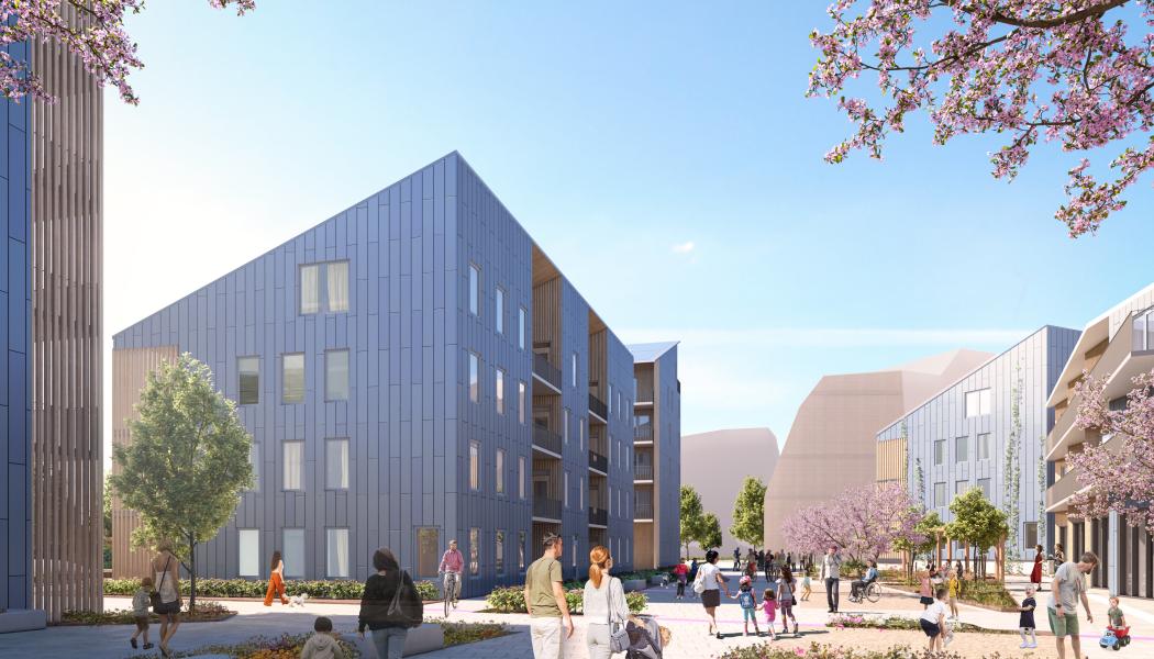 Skissbilden på den framväxande stadsdelen Tamarinden där nu det blivit möjligt att nyttja lokal delning av energi. Illustration: ÖrebroBostäder