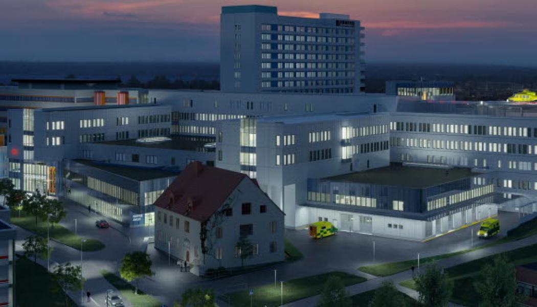Den nya vårdbyggnaden E62, som omfattar 45 000 kvadratmeter med nya vårdlokaler. Vid sjukhusets nya huvudentré kommer byggnaden inrymma bland annat akutvård, förlossning och hjärtintensiv.