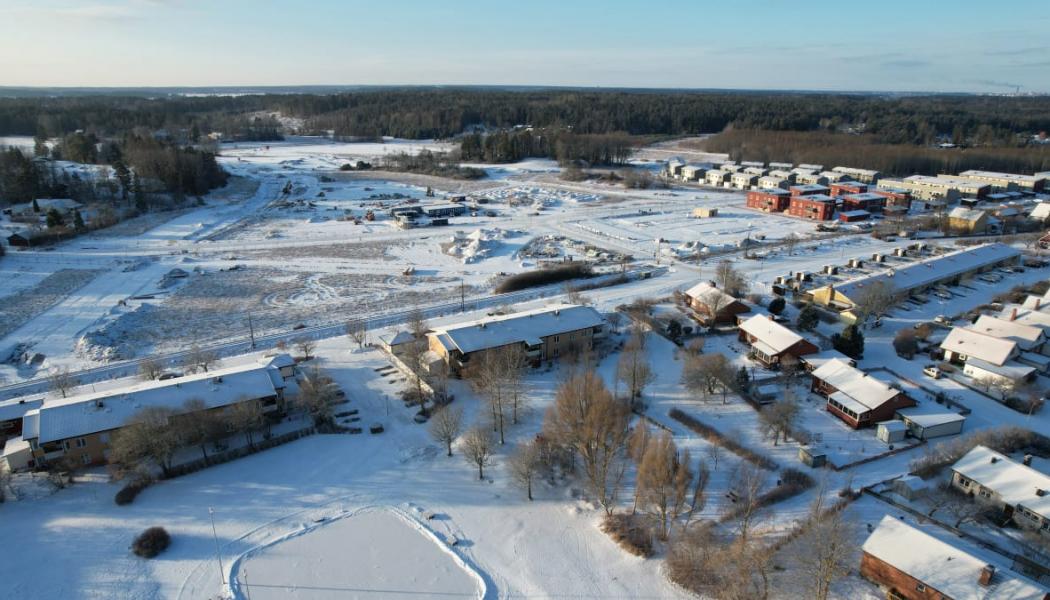 Översiktsbild av området där BoKlok nu bygger ytterligare 40 bostadsrättslägenheter, södra Gunsta, Uppsala.