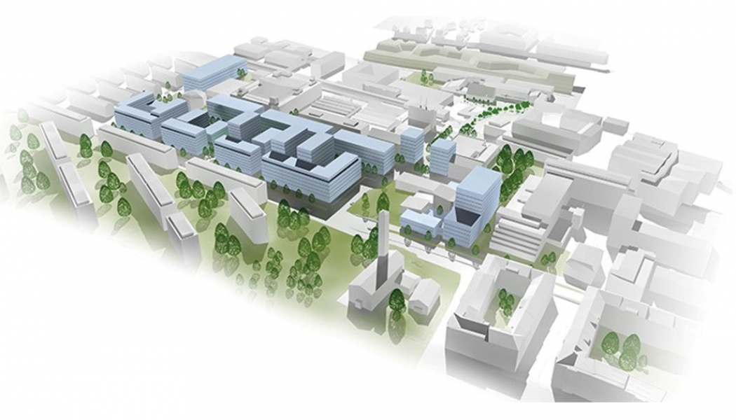 Volymmodell som visar möjlig utbyggnad inom planområdet. Föreslagen bebyggelse i blått. Skiss: Liljewall arkitekter