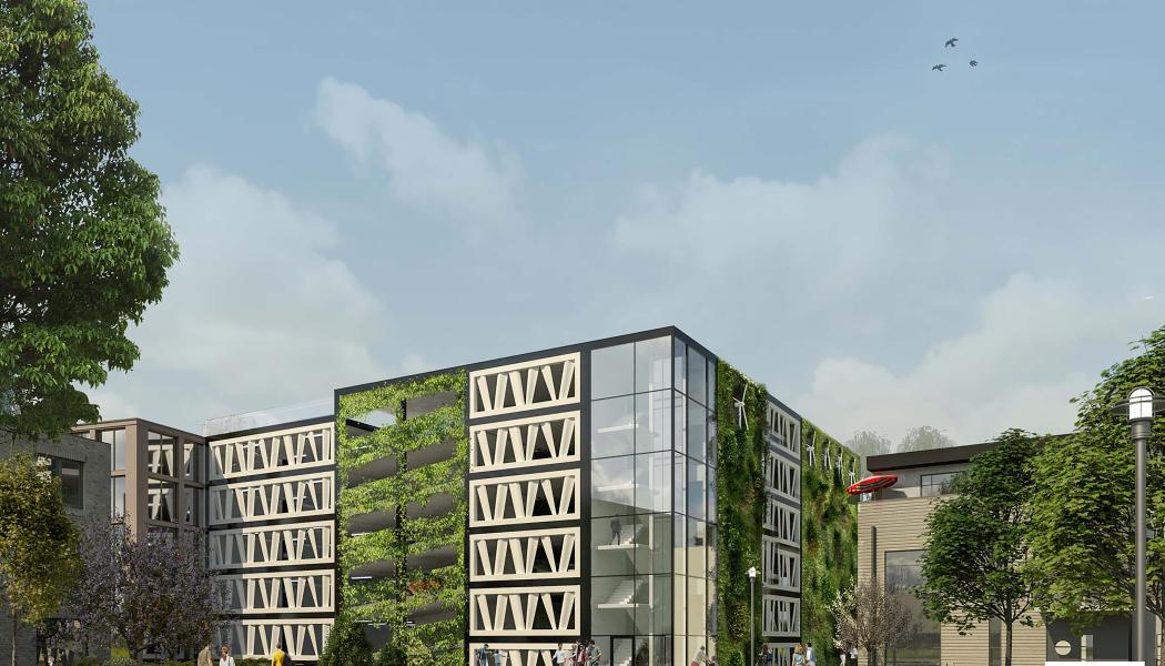 LKPs nya parkeringshus Niels Bohr med fasad av återbrukade vindkraftsvingar. Pressbild: LKP