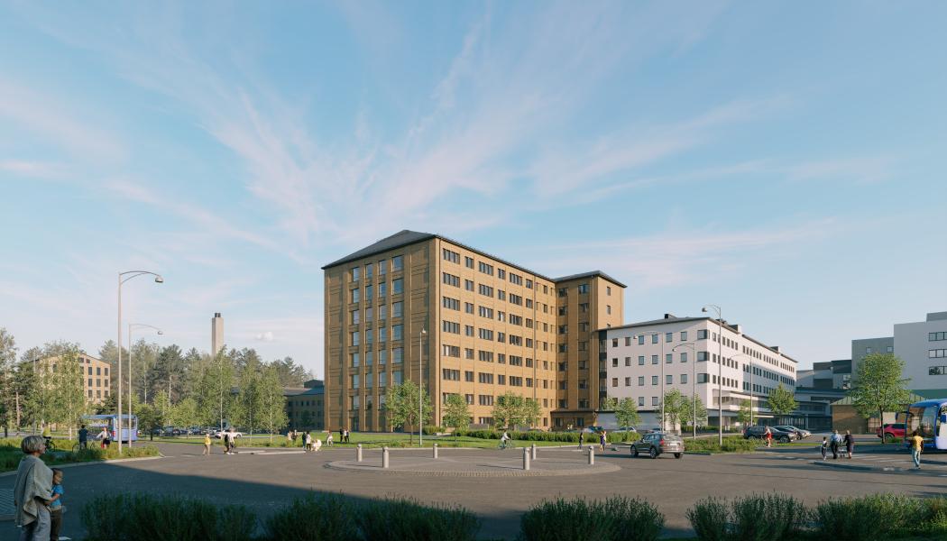Gestaltning av byggnad för laboratoriemedicinsk verksamhet. Illustration av: Sweco