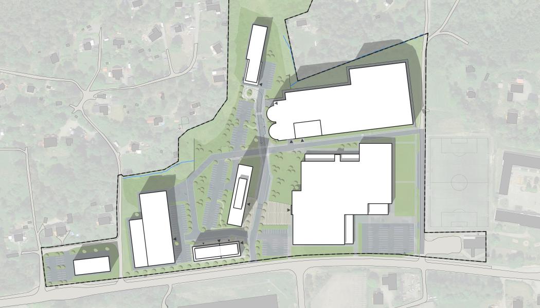 En översikt med en stor ishall närmast Härrydavägen i söder, ett stort parkeringshus i nordost. Ishallens entré vetter mot en inbjudande mötesplats och en hög hotellbyggnad. Andra byggnader är till för tillverkning och handel. Illustration: Härryda kommun
