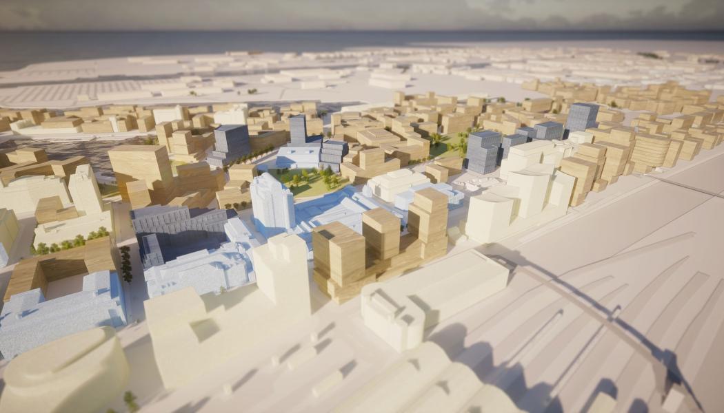 Nyhamnen, vy från sydväst/Malmö C. Mörkblå = Wihlborgs byggrätter. Ljusblå = Wihlborgs befintliga bestånd. Ljusbeige = Övriga befintliga byggnader. Mörkbeige = Övrig planerad bebyggelse. Bild: Wihlborgs