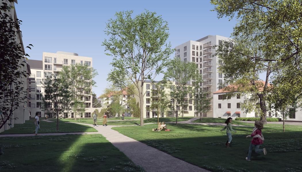 Ca 70 bostadsrätter kan bli möjliga i Östermalms Park (här illustrerat av det högre huset till höger i bilden).