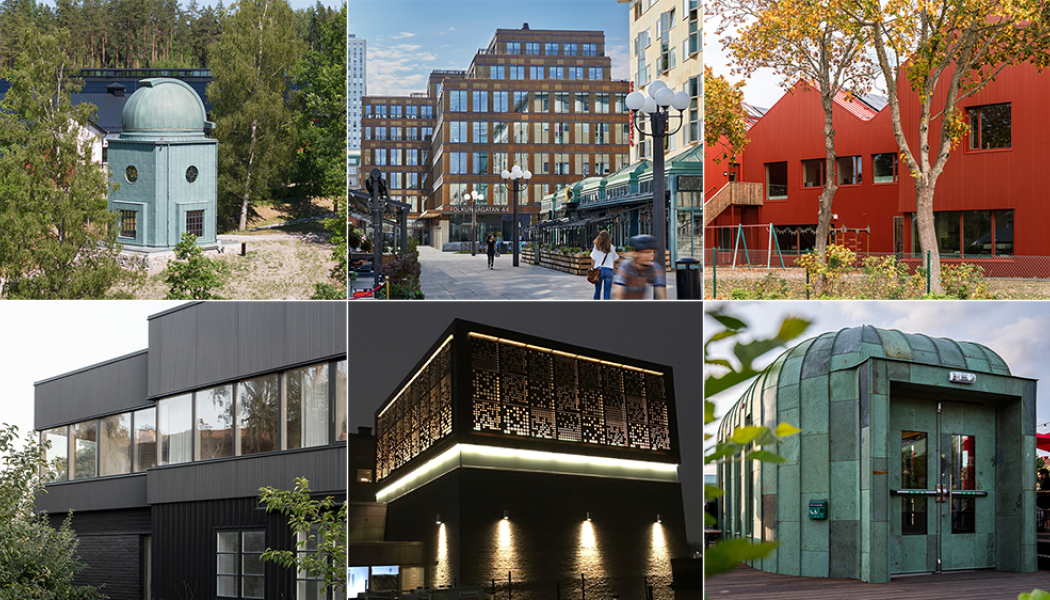 Fr.v övre raden: Observatoriet Näs gård/LINK Arkitektur, Kv Nattugglan/Equator, Mörrums skola/FOJAB. Fr.v nedre raden: House Rio/Krupinski / Krupinska, Wisdome/New Line Arkitekter, Kaparen/OKIDOKI.