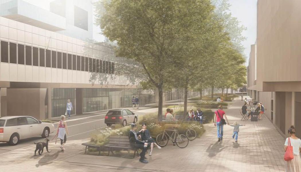En grönare och mer småskalig gata kan skapa fler möten, öka handeln och göra Huskvarna mer levande. Den här visionsbilden visar idén om en möjlig utformning av Rosenborgsgatan. Den är vägledande och visar inte det exakta slutresultatet. Illustration: Billingham & Flygare