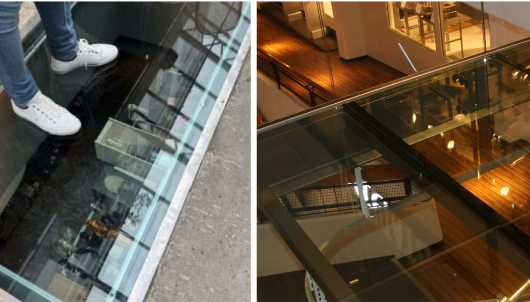Exempel på glasgolv från Ryds Glas på restaurang och köpcentrum. Foto: Ryds Glas