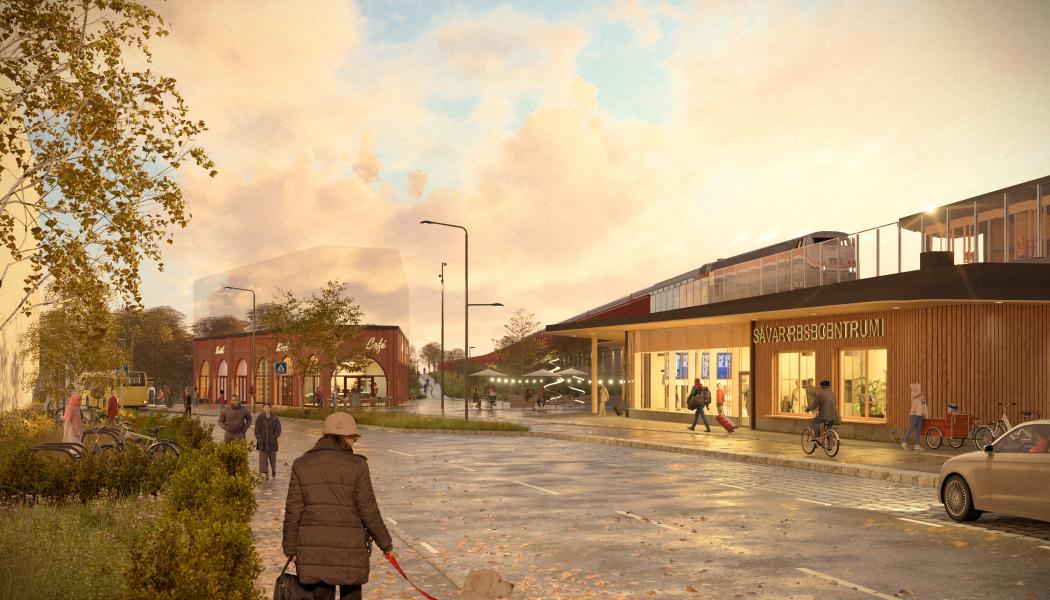 Visionsbild över ett framtida område kring resecentrum i Sävar med vy från Kungsvägen mot öster. Illustration: Link Arkitekter.

