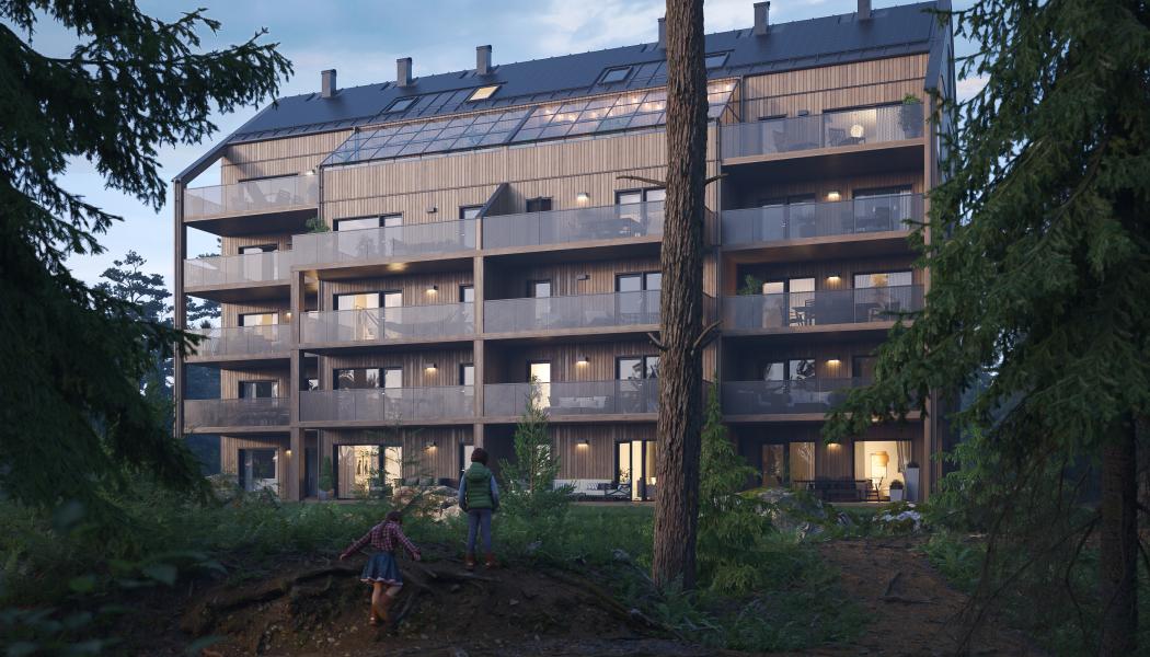  Byggstart för bostadsprojektet i Nordtag, Ytterby, Kungälv, är planerad till april 2025. Här byggs 18 lägenheter i ett modernt punkthus, beläget i ett naturnära område. Pressbild: Ekeblad BostadAB
