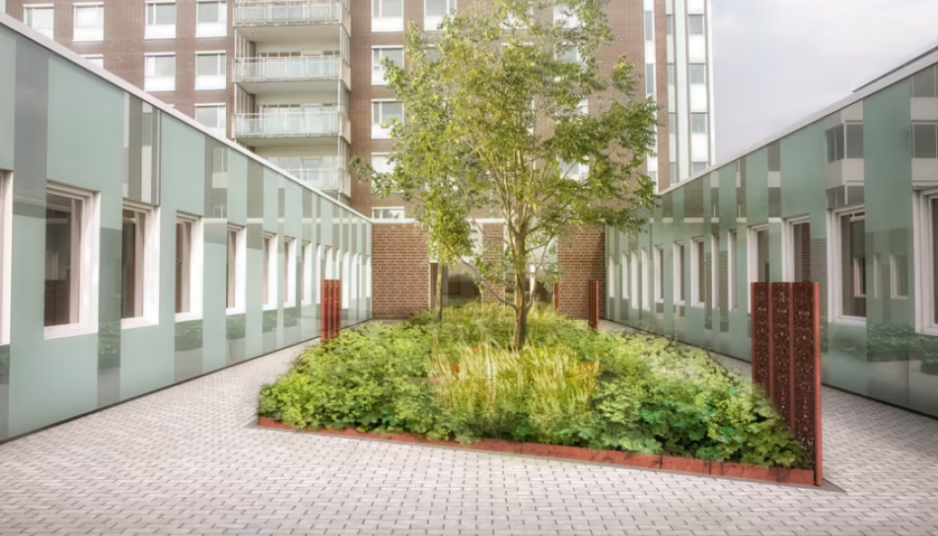 Gårdsvy från ett tidigare projekt på Sollentuna sjuhkhus. Illustration: Norconsult