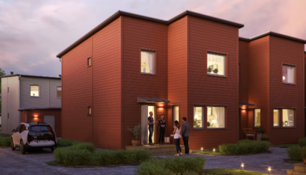 Illustration av entrésida med förstukvist, radhusen i BoKlok Lotsen, Gammelstad, Luleå. Foto: BoKolk