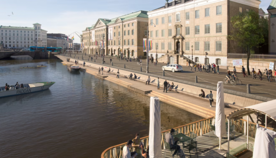Visionsbild som visar idéer om trädäck längs Stora Hamnkanalen och breda gång- och cykelbanor med enkelriktad biltrafik i mitten på Norra Hamngatan. Visionsbild Göteborgs Stad/White