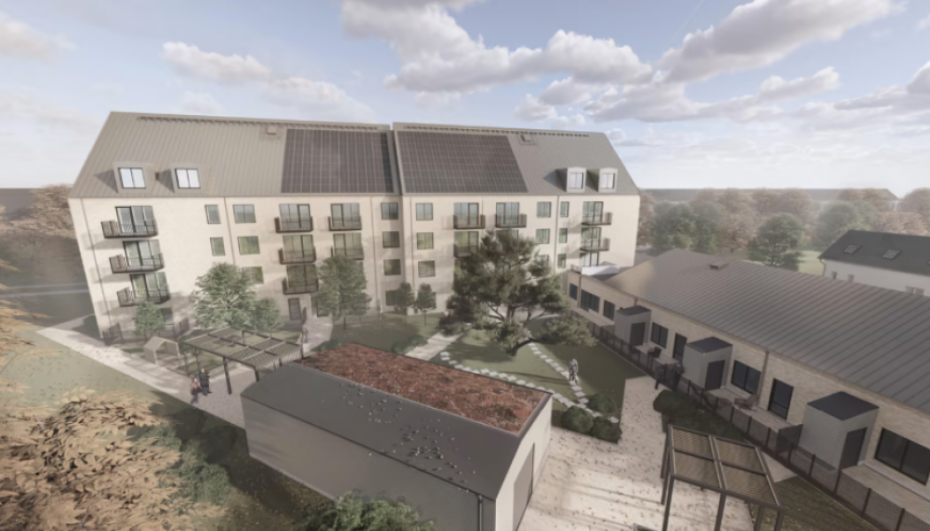 Tirfing kommer att byggas som två byggnader i vinkel med 42 hyresrätter i den högre byggnaden och 6 servicelägenheter i den lägre. På den grönskande innergården kommer bland annat en ovanlig svarttall att bevaras. Illustration: LKF