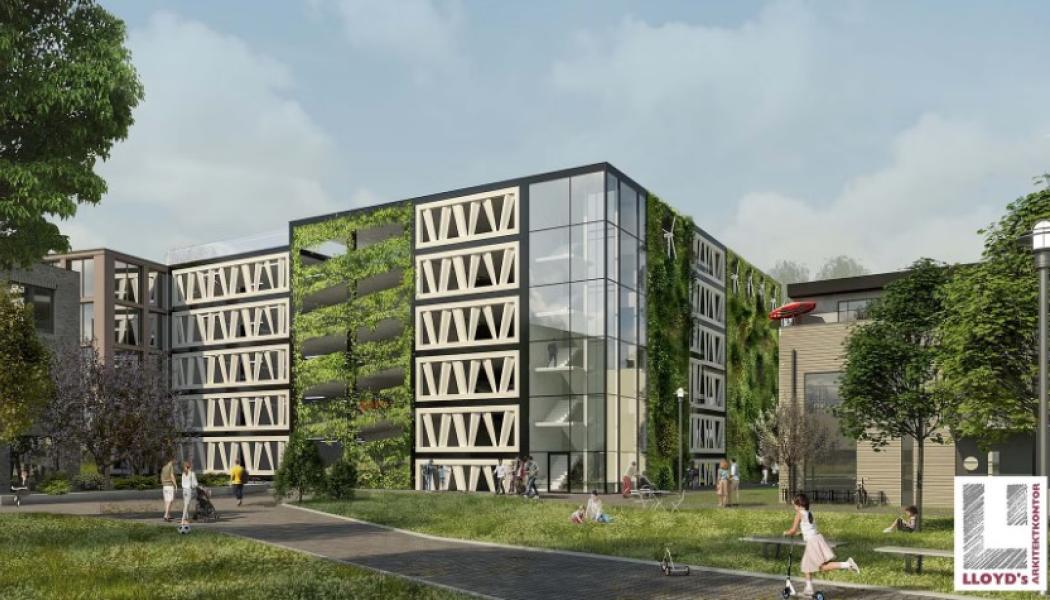 LKPs nya parkeringhus med fasad av återbrukade vindkraftsvingar. Visionsbilden är gjord av Lloyds arkitektkontor.