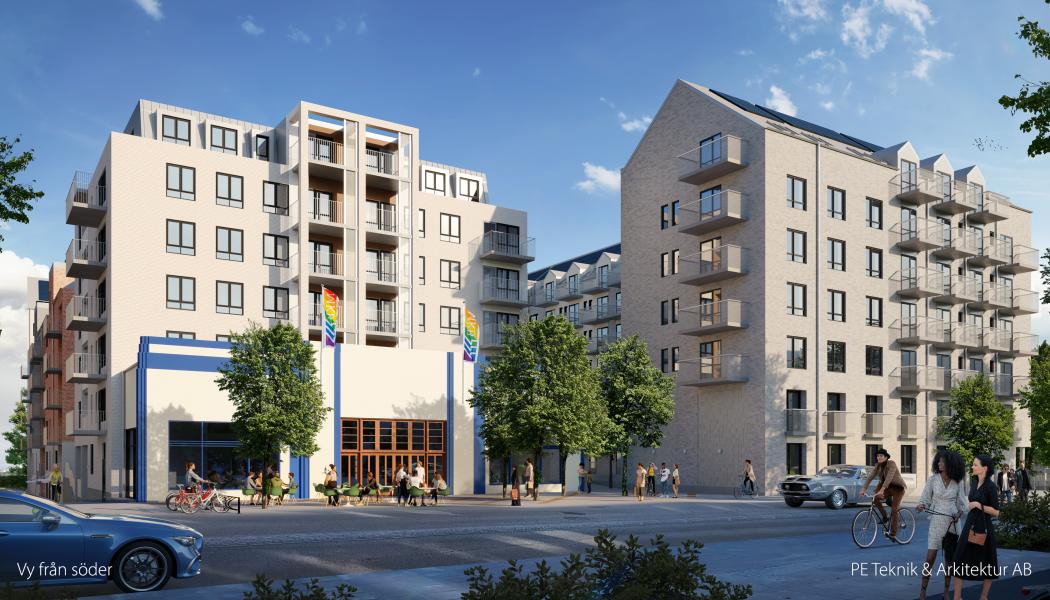 Genom att låta gaveln från Hedbergs Bil bli en del av den nya fasaden tar MKB med sig lite av historien in i framtiden.  Illustration: PE Teknik & Arkitektur AB