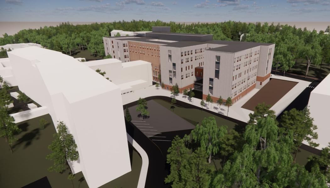 Skellefteå Nya Vårdbyggnad är ritad som en kam-byggnad med fyra vingar för att få in ljus och klara av att rymma 40 000 kvadratmeter utan att resultatet blir en låda. Visualisering: Region Västerbotten
