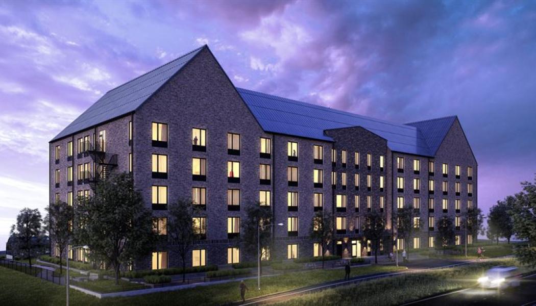 Södra Stadsskogen i Strängnäs får nytt äldreboende. Visionsbild: Odalen