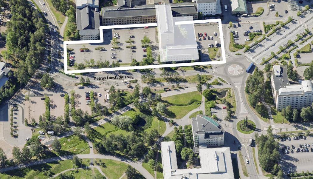 Preliminär avgränsning av planområdet med befintlig byggnad markerad.