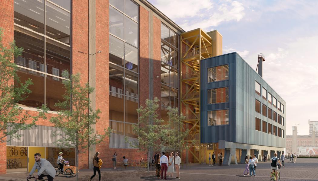 Grönt ljus för förnyelse: Livsmedelsbutik, kontor och parkeringshus integreras i Svets- och pannverkstaden. Illustration: OpenStudio Arkitekter AB