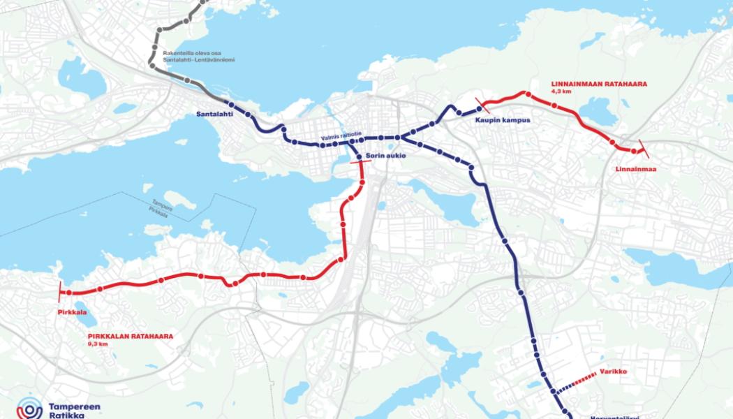 Tammerfors spårvägsnät utvidgas i två riktningar. De rödmarkerade linjerna är aktuella infrastrukturprojekt. Karta: Tammerfors Stad.