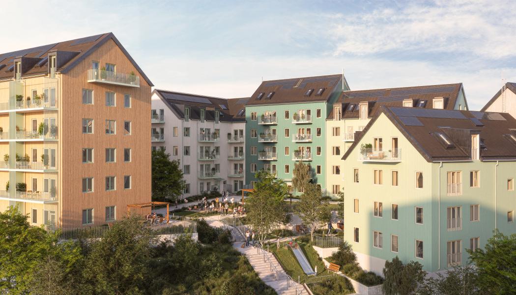 De första bostadskvarteren i Sickla får fasader med infärgat, värmebehandlat trä. Visionsbild: Atrium Ljungberg/White Arkitekter