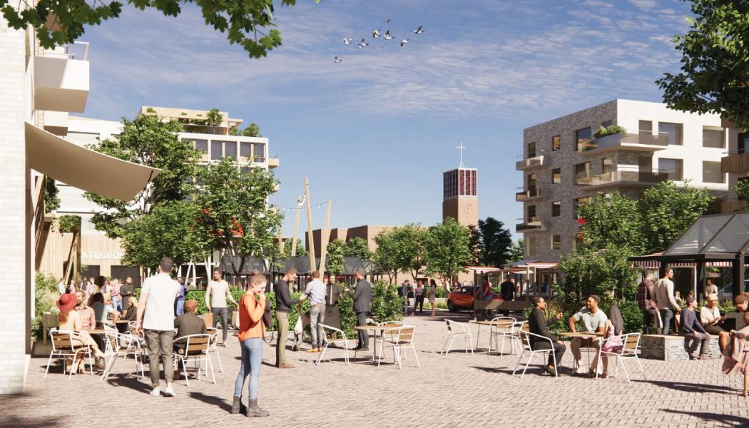 Illustration över torg och kyrkan från Svenshögsvägen. Pressbild: Lunds kommun
