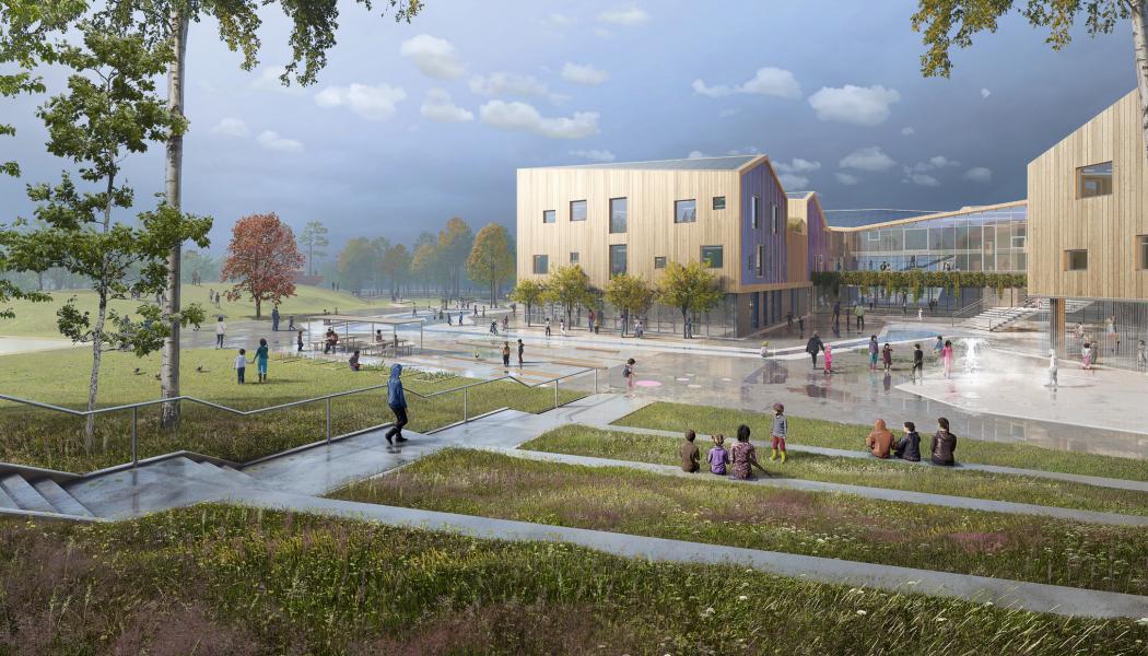 På Torslandaskolan gör man vatten till en resurs i leken såväl som i den pedagogiska verksamheten. Illlustration: LINK Arkitektur
