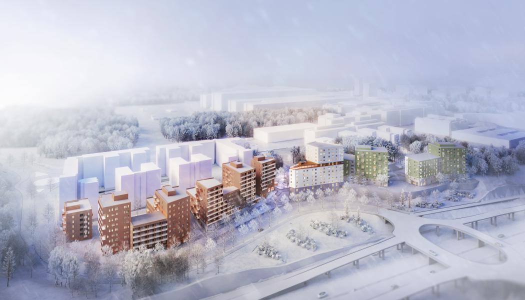 Visionsbild nya studentbostäder på Campus Flemingsberg (bild: Towatt Architects & Planners)