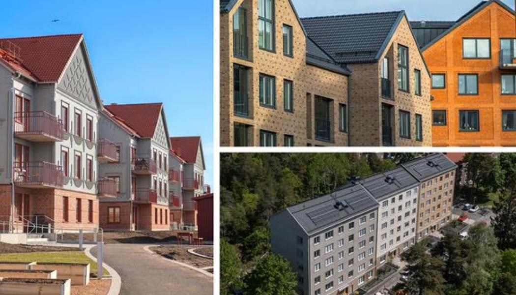 Byggprojekten som går till final i Årets bästa nyproduktion 2022: Halmstads Fastighets AB (Lyngåkra - till vänster i bild), Ängelholmshem (Saftstationen, överst till höger) och Stockholmshem (Rågsved, nederst till höger). Foto: Sveriges Allmännytta