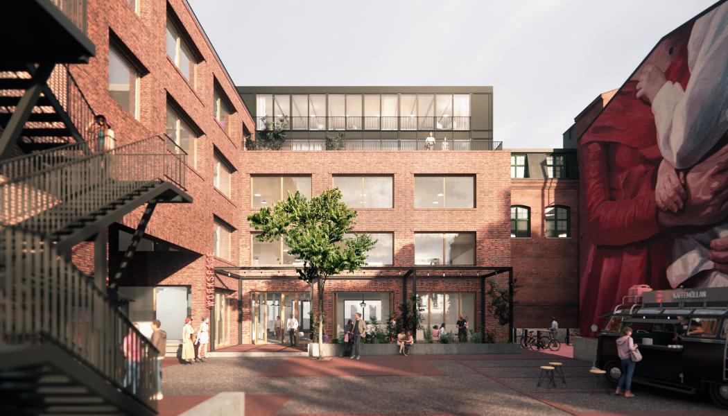 Det anrika kvarteret Bilden på Möllevången i Malmö kompletteras med en ny byggnad för kreativa verksamheter. Illustration: FOJAB
